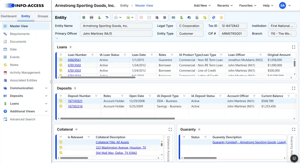 Shows INFO-ACCESS master view screen which gives an entity-centric view of a customer. See all loans, deposits, collateral, and guarantees tied to one customer.