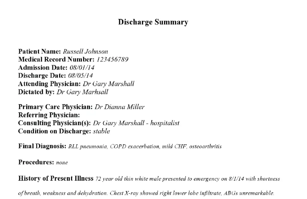 Example hospital discharge summary document included in exported patient audit records