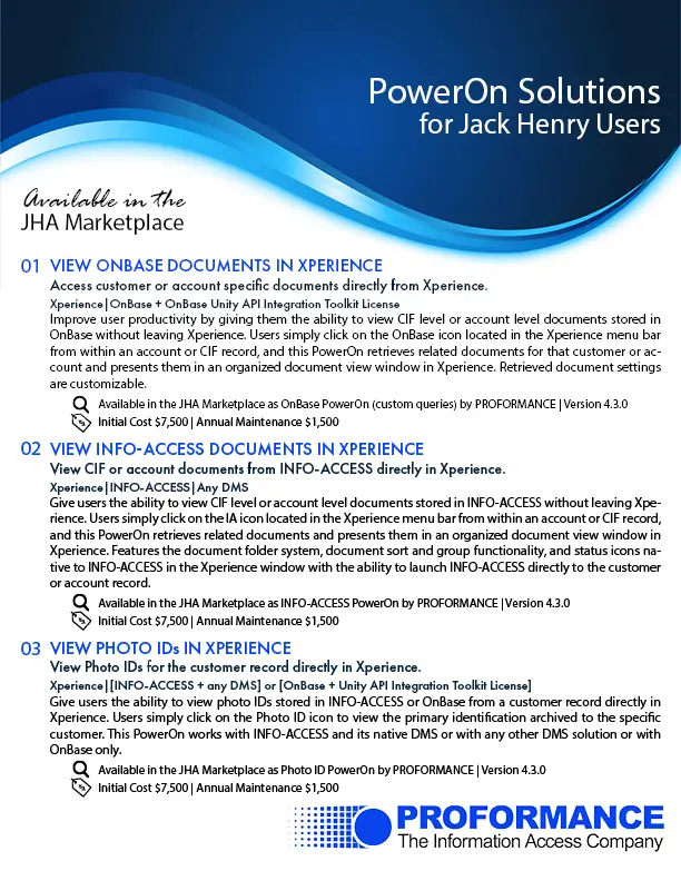 PowerOn flyer showing three add-on solutions for Jack Henry Xperience users.
