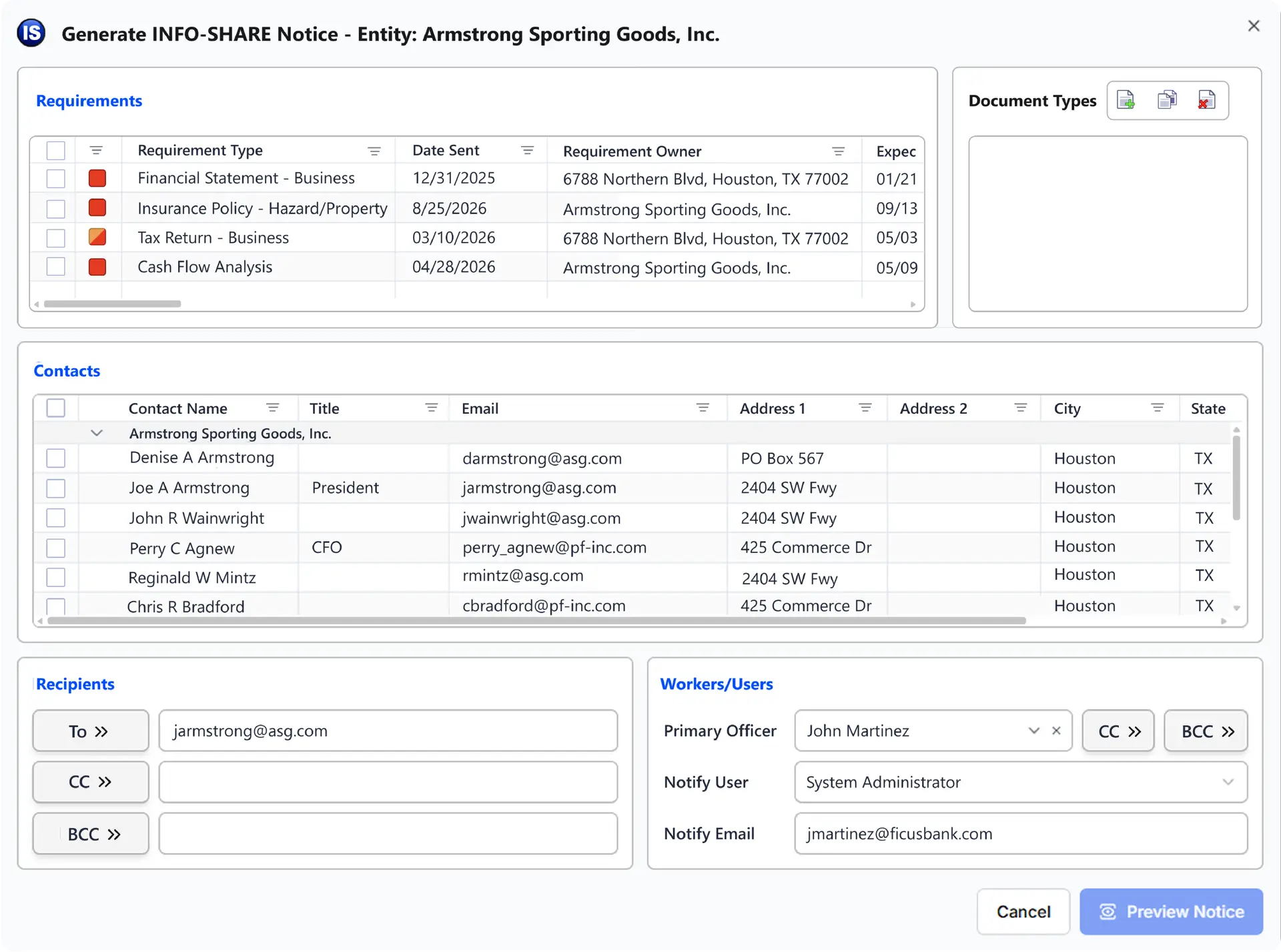 Illustrates the Generate INFO-SHARE Notice modal in IA Web which allows loan officers to customize the notice and documents needed from their customers.